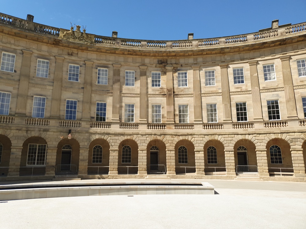 Detail of the building, showing the Devonshire crest at high level
